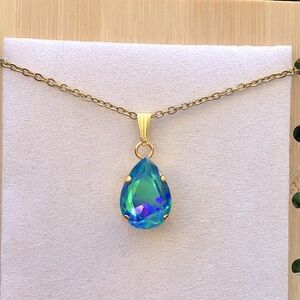 Aquamarine Aurora Borealis + Gold Pear Crystal Drop Pendant Necklace